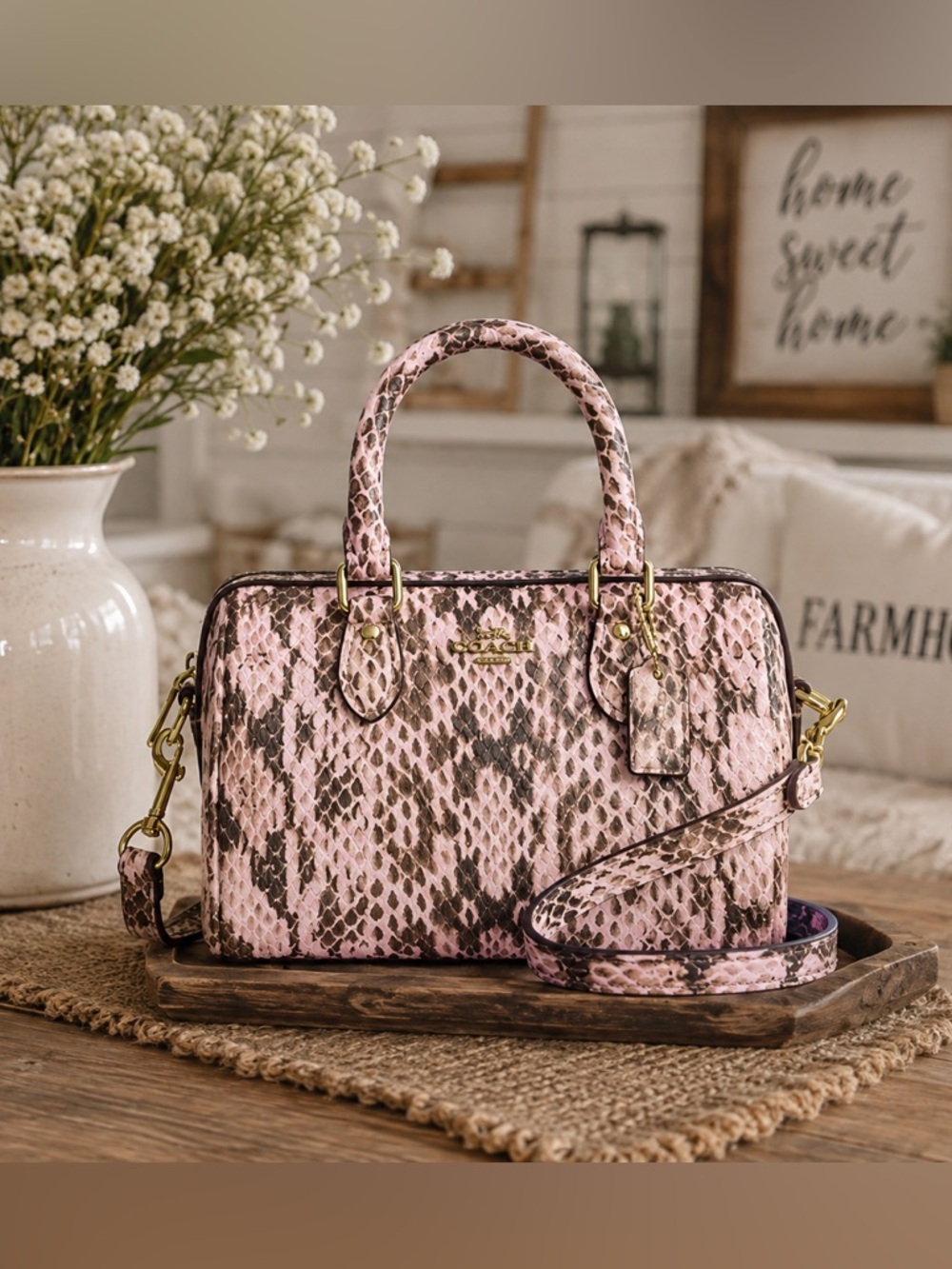 Coach Mini Rowan Crossbody Satchel in Pink Snakeskin
